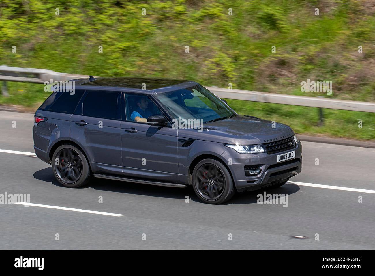 2017 grey Land Rover Range Rover Sport SDV6 HSE 2993cc 8 speed automatic; Vehicular traffic moving vehicles, driving vehicle on UK roads, motors, motoring on the M6 motorway highway Stock Photo