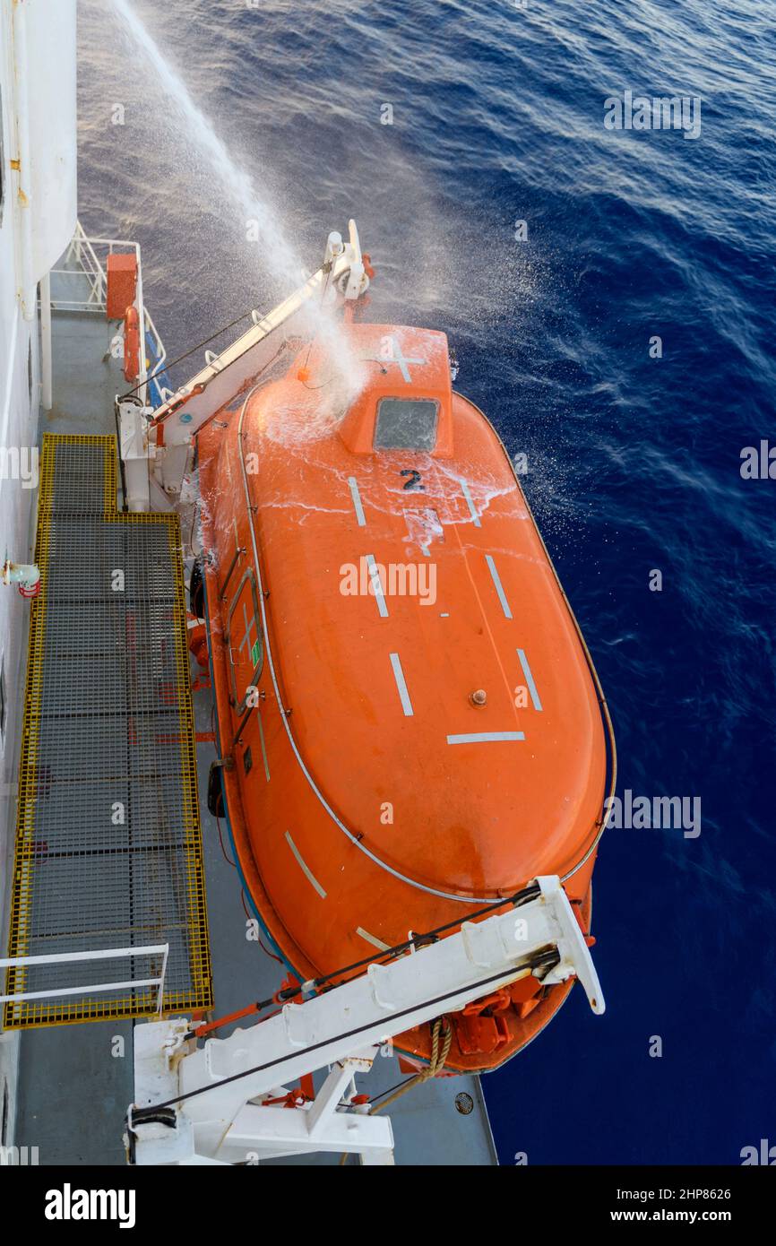 Hose pressure water test of totally enclosed lifeboat. Watertight test