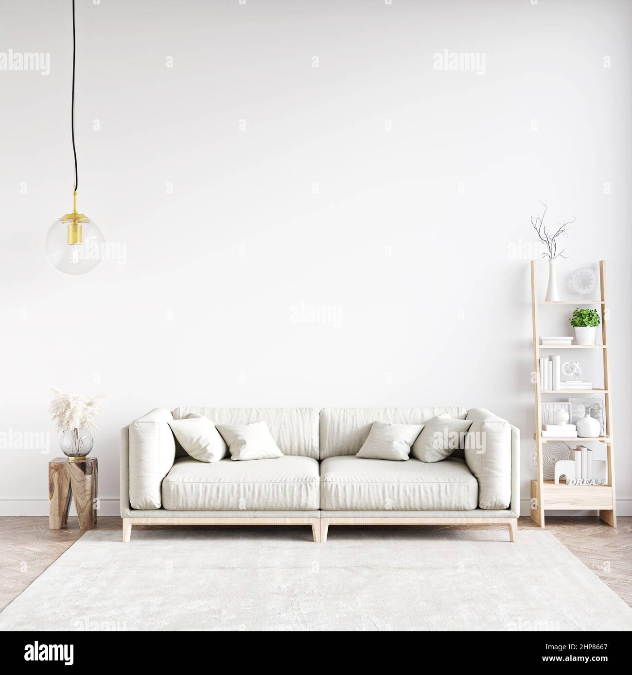 Beautiful interior of a modern room. Bright and clean design. A sofa  standing by a large window against a wall background. 3D rendering Stock  Photo - Alamy