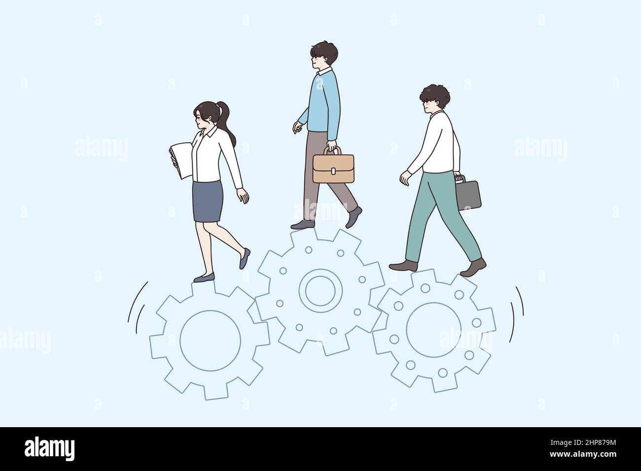 Businesspeople walk together on gear wheels Stock Vector