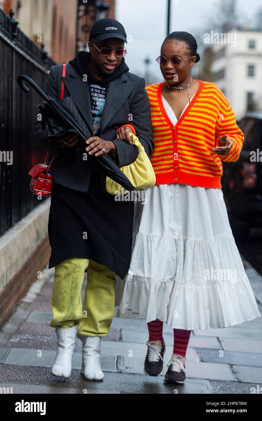 London, UK.  19 February 2022.  Street style outside the Molly Goddard show at Seymour Place during London Fashion Week (LFW).  This season, there are 86 physical and 61 digital activations comprising 129 brands from luxury names to emerging designers.  Credit: Stephen Chung / Alamy Live News Stock Photo