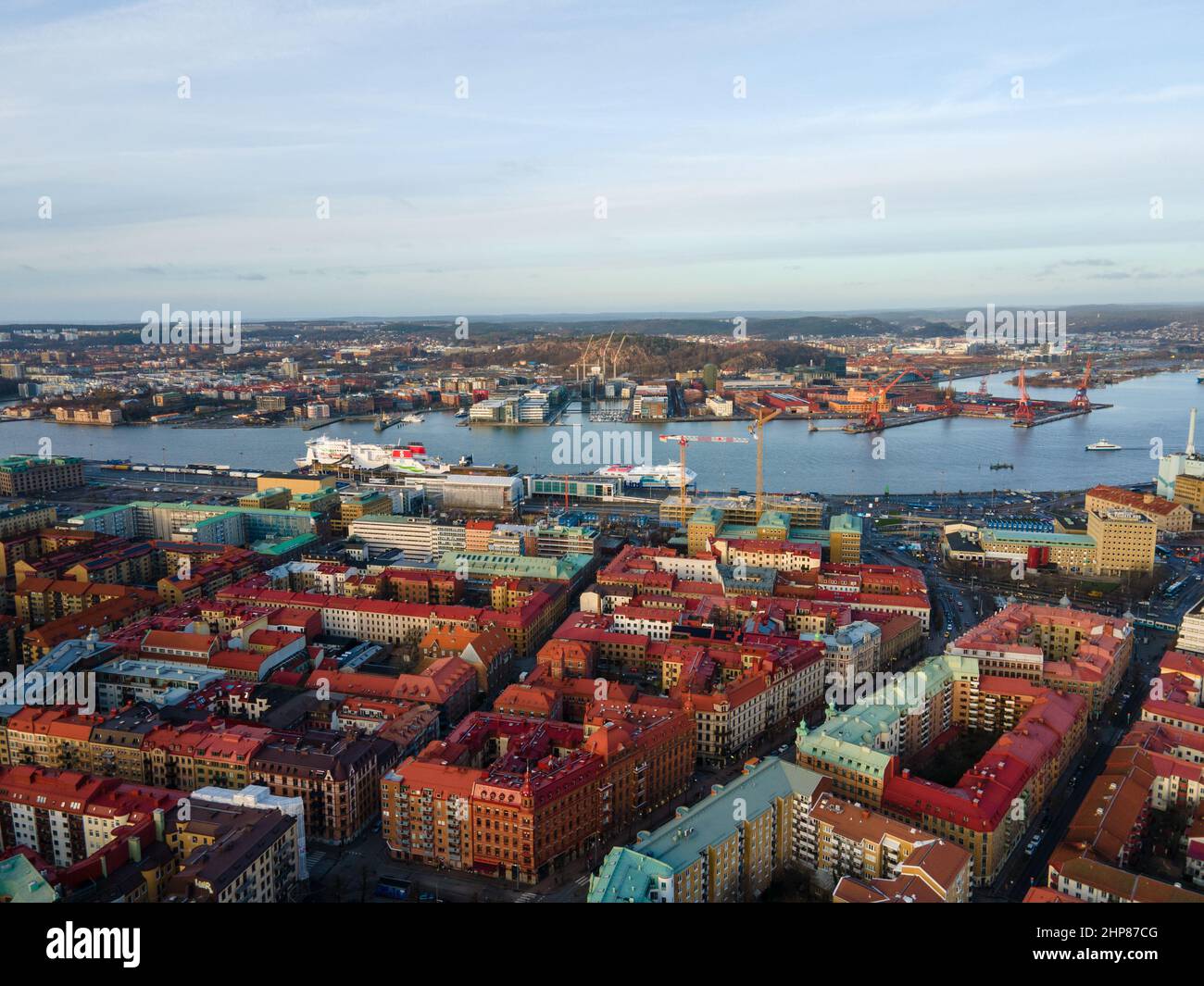 Gothenburg, Sweden. View from above of the harbour area. Mix of old