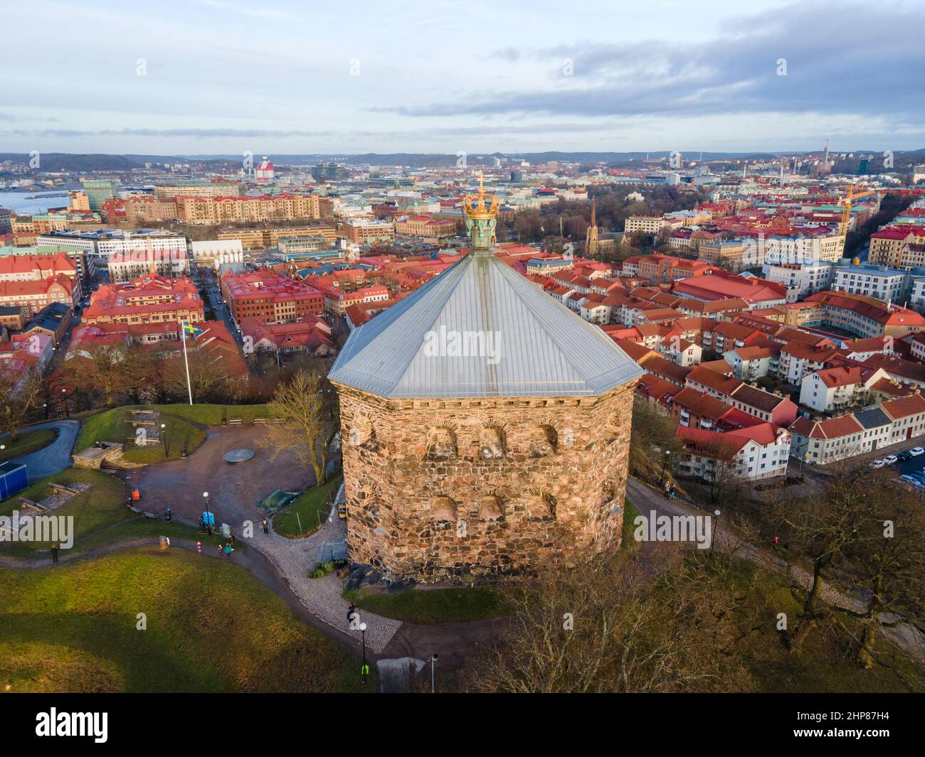 Gothenburg, Sweden: Areal shot of the golden crown on top of the Skansen Kronan, fortress located in Göteborg, Sweden. Stock Photo