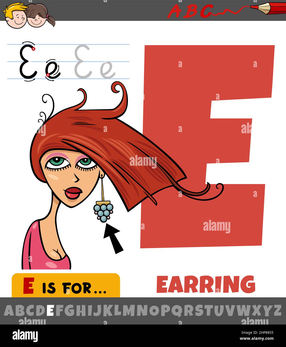 letter E from alphabet with earring jewelry object Stock Vector