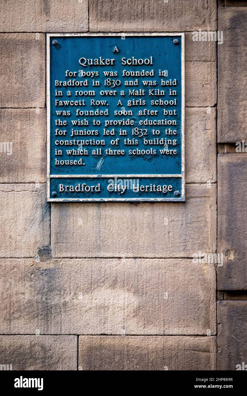 Quaker school, heritage plaque in Little Germany, Bradford, West