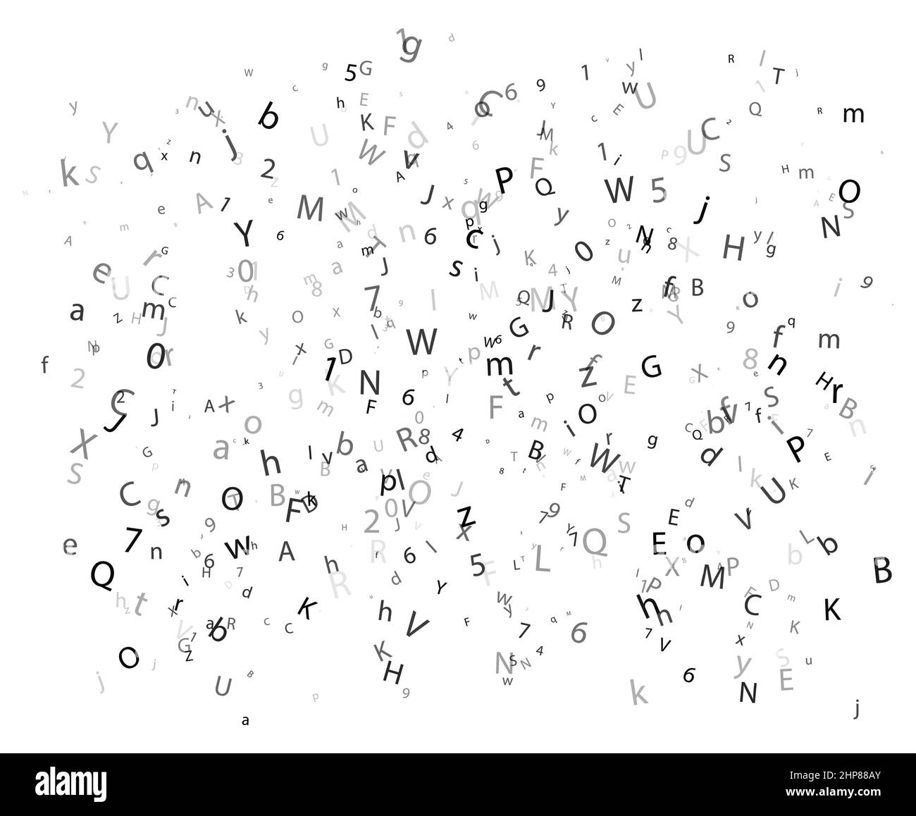 Abstract black alphabet ornament border isolated on white background. Vector illustration for education, writing, poetic design. Random letters fall from top. Alphabet book concept for grammar school. Stock Vector