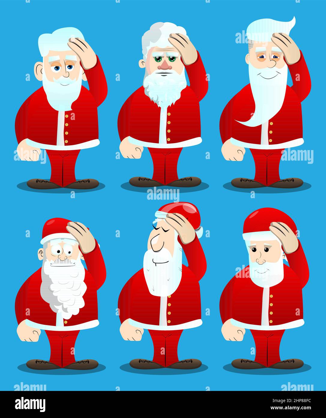Santa Claus in his red clothes with white beard placing hand on head. Stock Vector