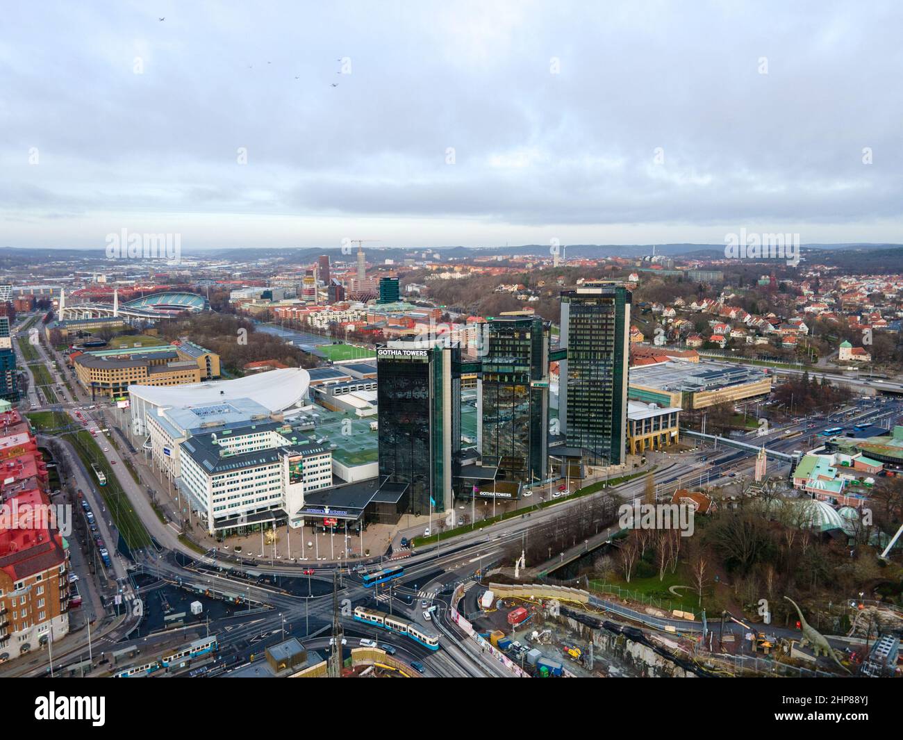 Gothenburg, Sweden: Aerial shot from the Liseberg park of the Gothia Towers, one of the largest hotel in the Nordic countries. Daylight, cloudy sky. Stock Photo