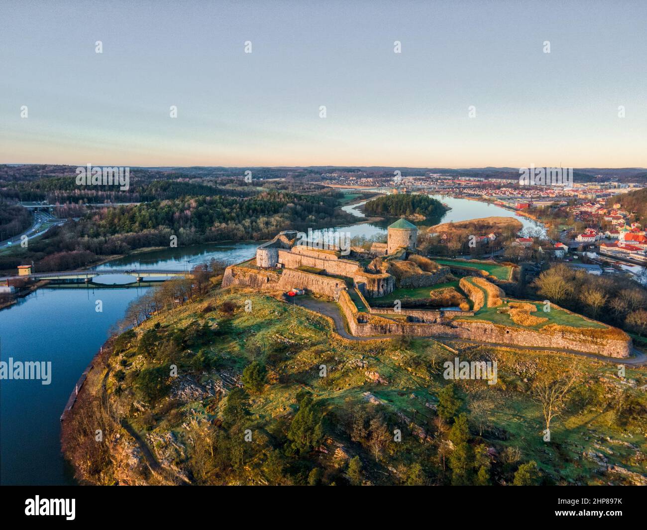 Gothenburg, Sweden, view from above during the sunset of the Bohus Castle that lies along the old Norwegian–Swedish border in Kungälv Stock Photo