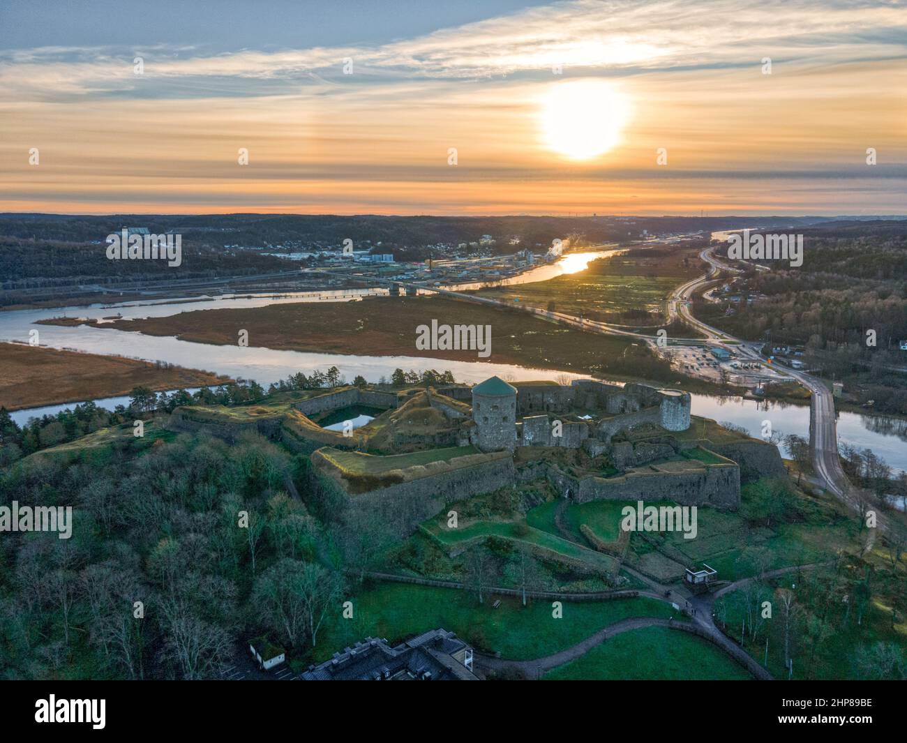 Gothenburg, Sweden, view from above during the sunset of the Bohus Castle that lies along the old Norwegian–Swedish border in Kungälv Stock Photo