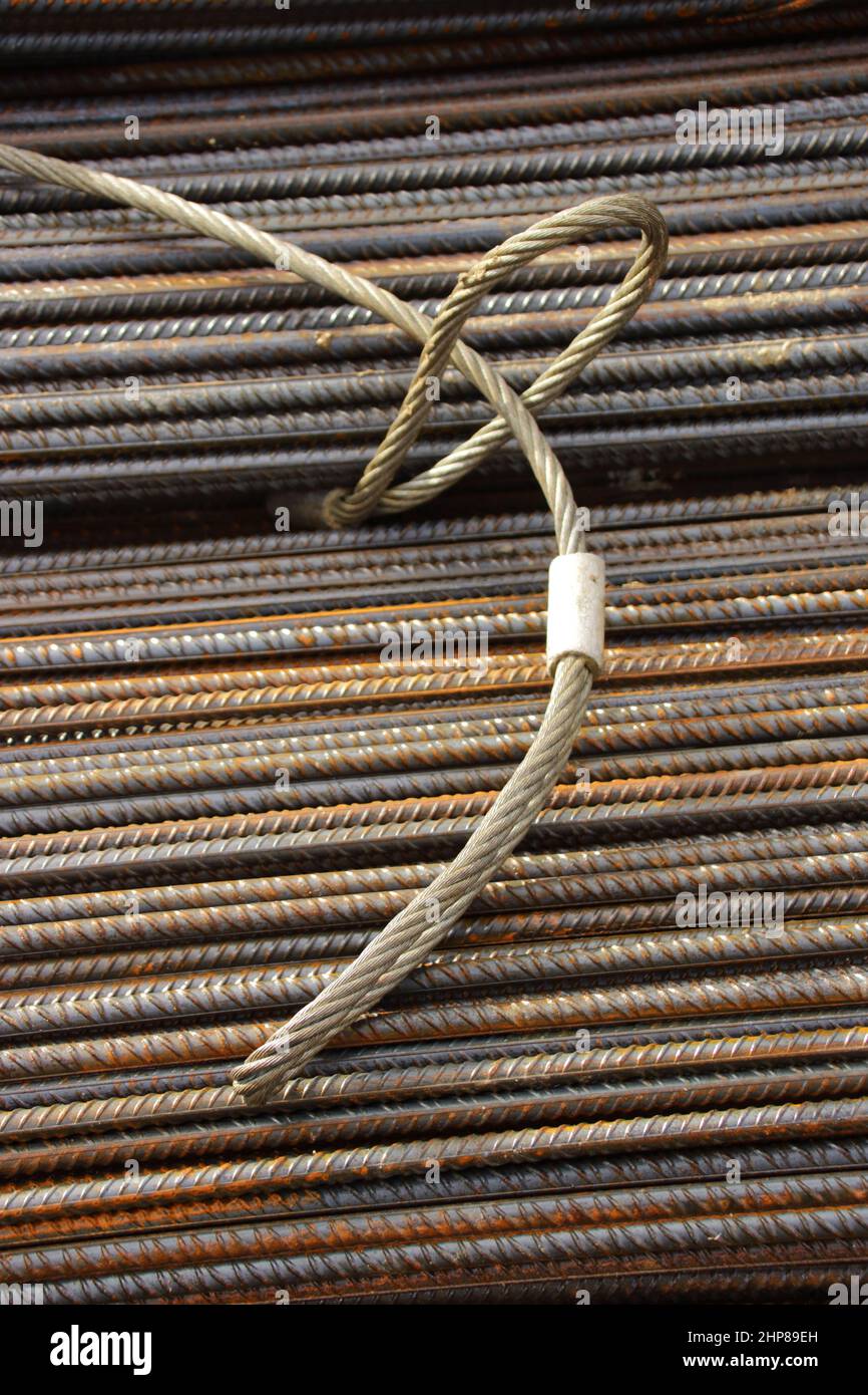 Structural steel was unloaded at a construction site using a metal sling Stock Photo