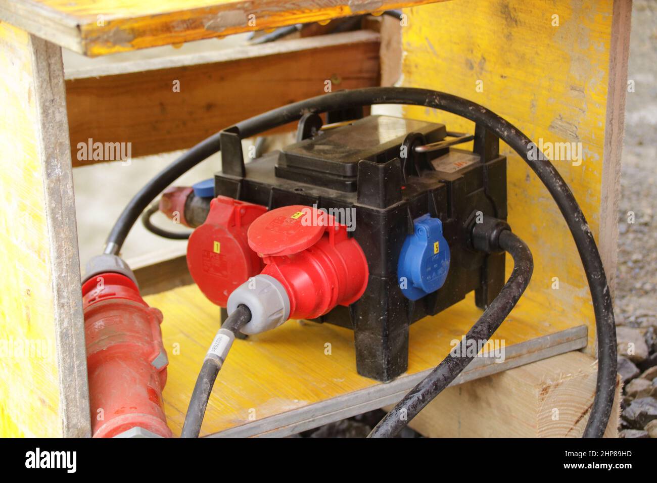Power distributor is protected against the weather with a canopy Stock Photo