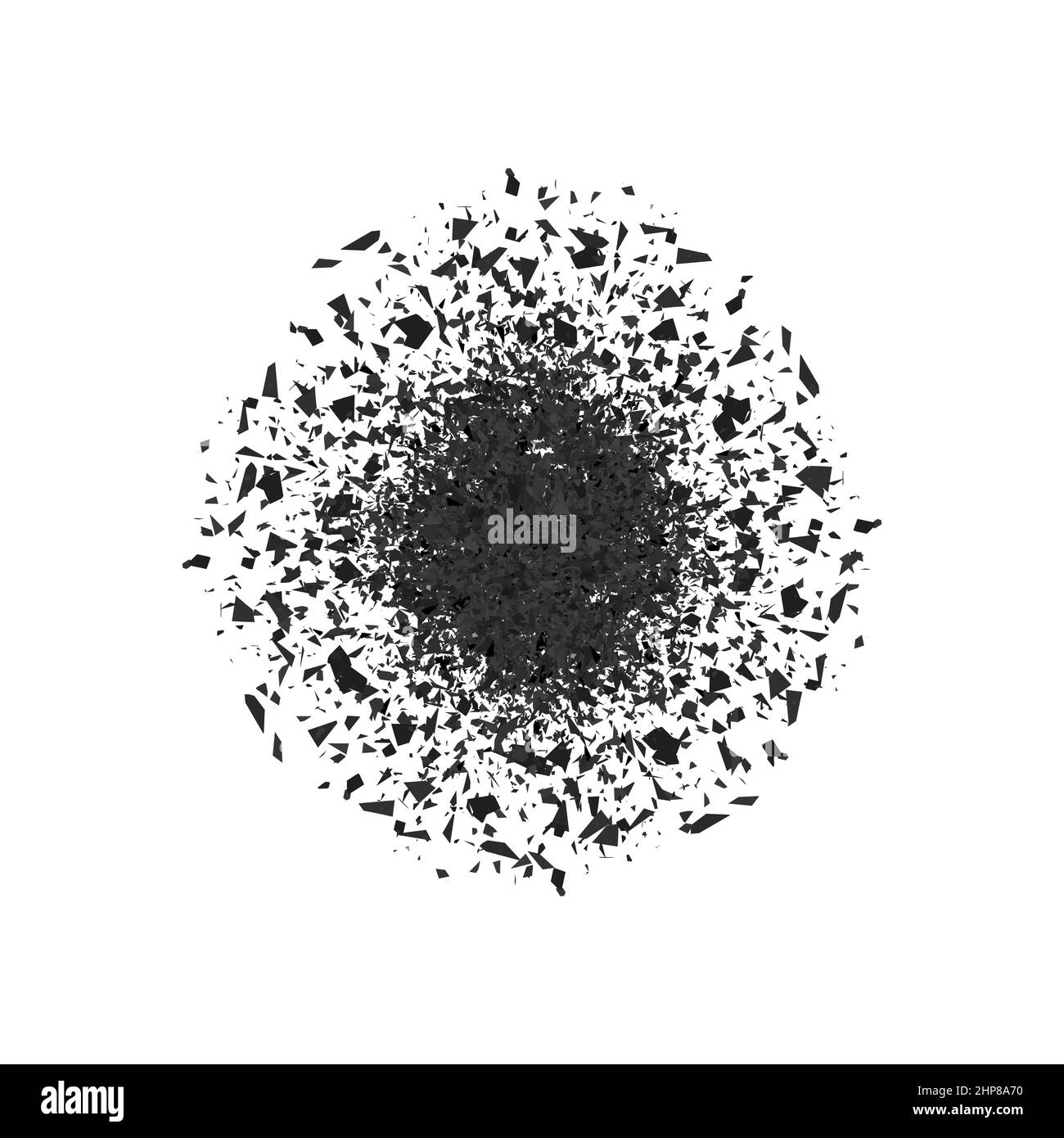 Explosion Cloud of Black Pieces on Gray Background. Sharp Particles Randomly Fly in the Air. Big Explosion. Stock Vector