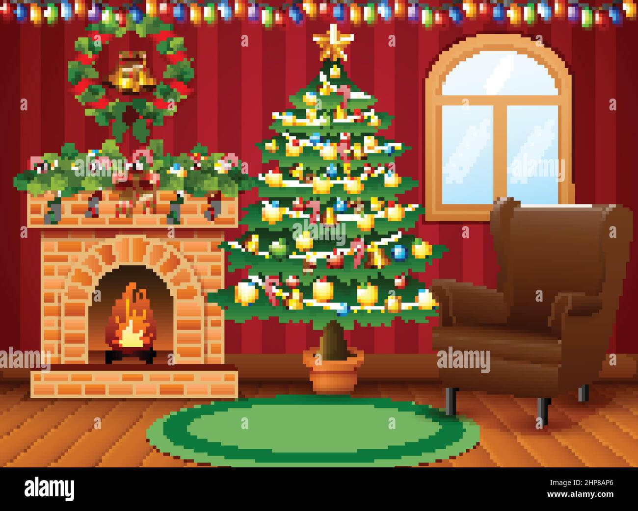 christmas-living-room-with-fireplace-armchair-tree-and-presents-stock