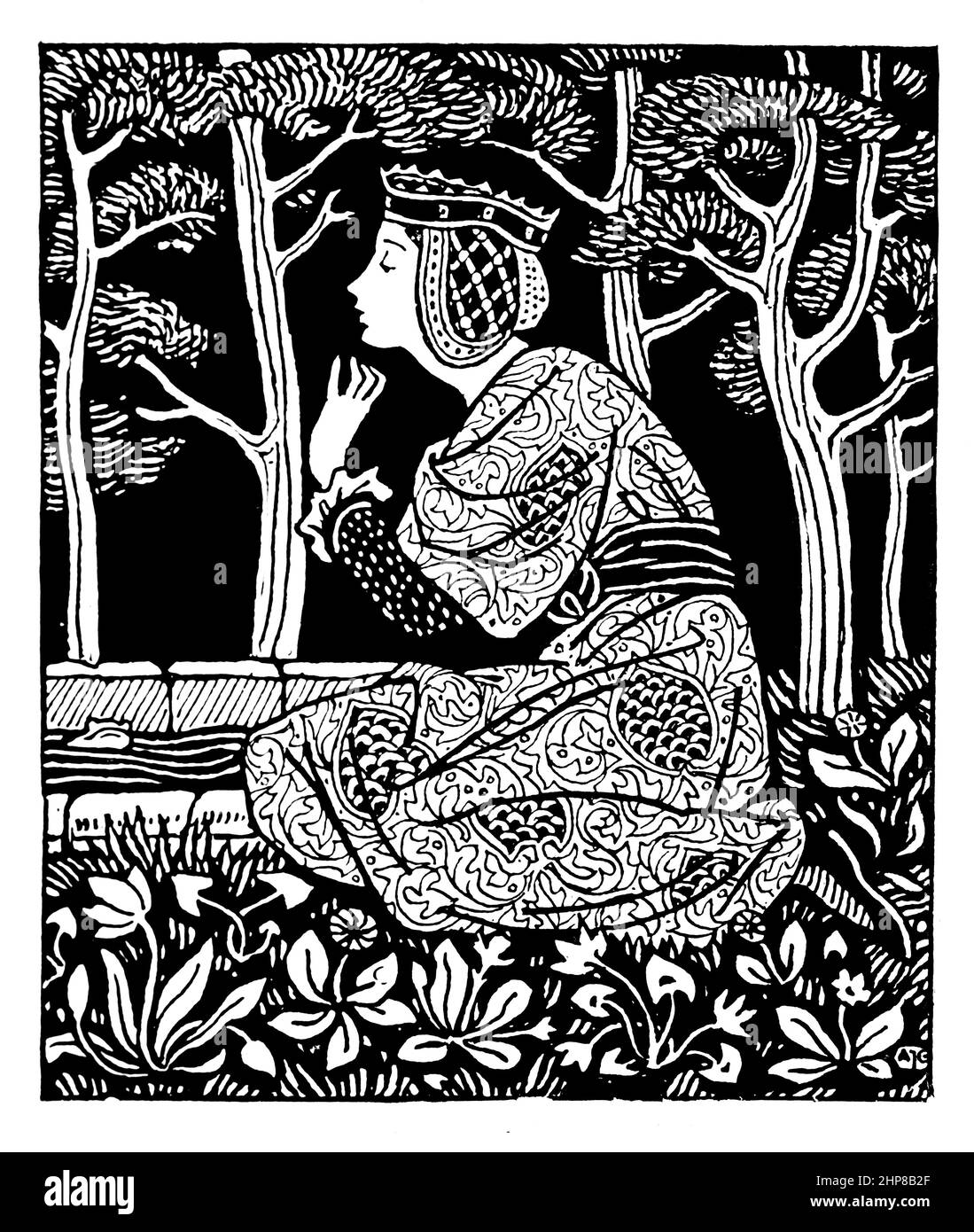medieval woman in garden, 1895 frontispiece illustration by Arthur Gaskin, from Goulds Book,of Fairy Tales, retold by S Baring Gould, published by Met Stock Photo