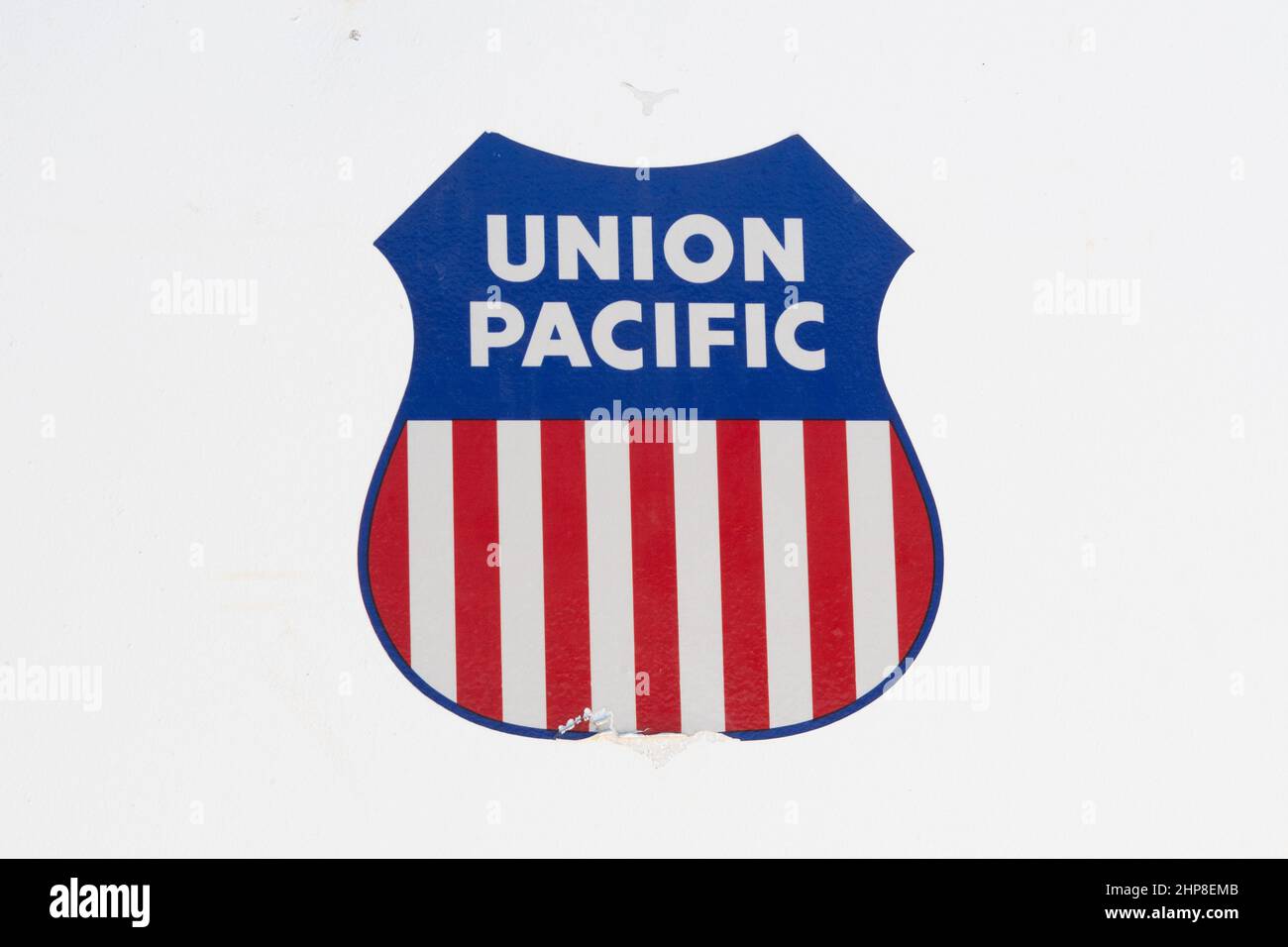 Union Pacific Railroad logo sign on small railroad office building Stock Photo