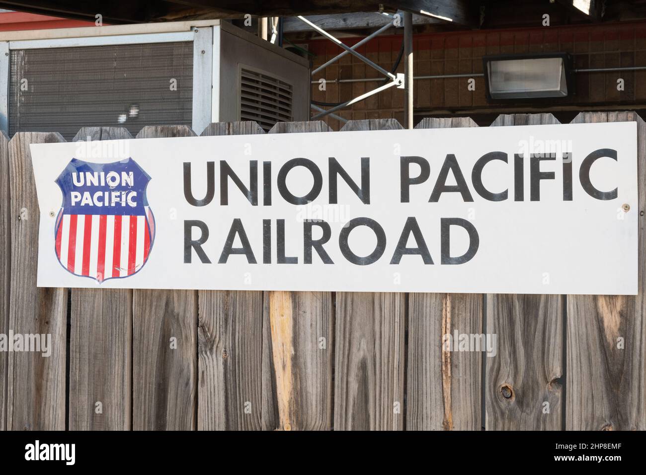 Union Pacific Railroad sign on small railroad office building Stock Photo