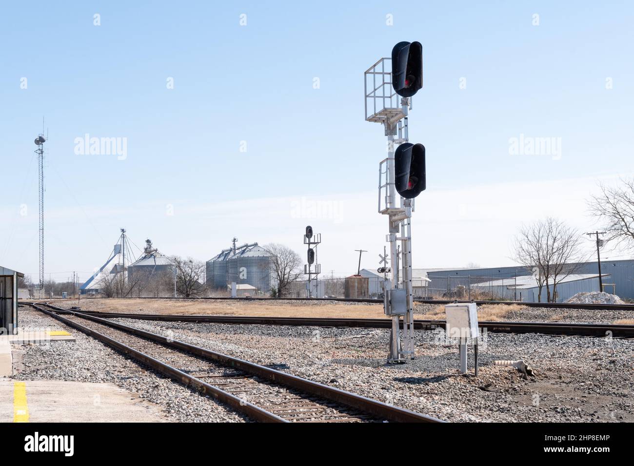 Main line railroad traffic signal for control of train speed and movement Stock Photo