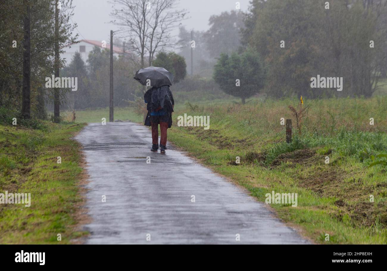 A pilgrim with an umbrella in the rain on the Portuguese Camino de Santiago in A Escravitude Stock Photo