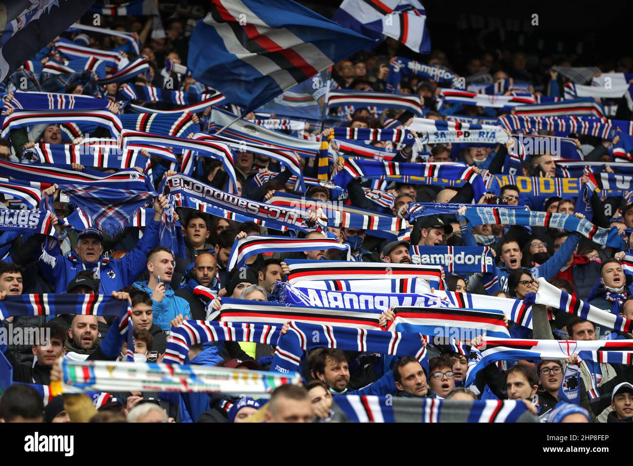 Genoa, Italy, 19th February 2022. Sampdoria fans hold up their scarves  prior to kick off in the Serie A match at Luigi Ferraris, Genoa. Picture  credit should read: Jonathan Moscrop / Sportimage