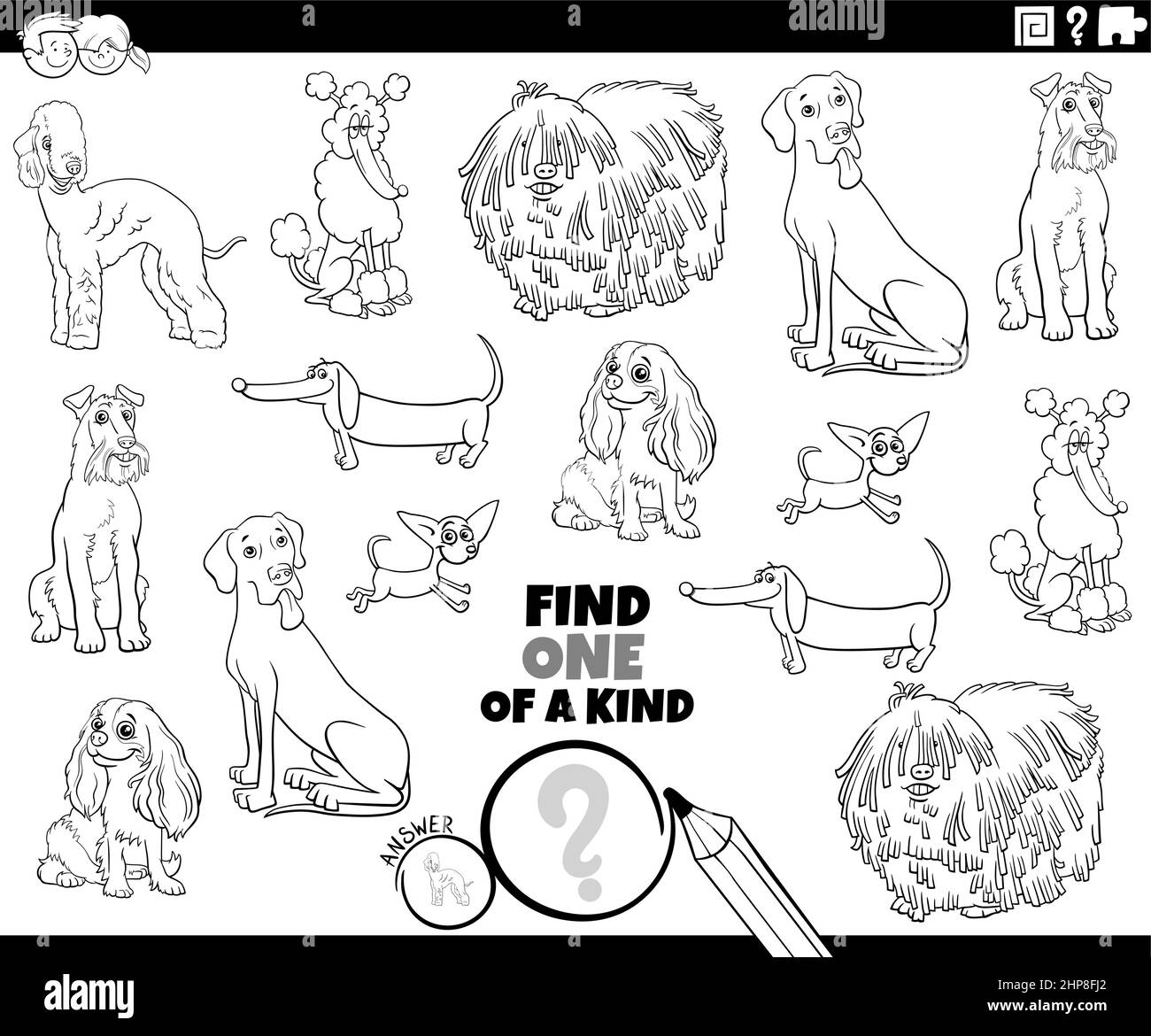 one of a kind game with purebred dogs coloring book page Stock Vector ...