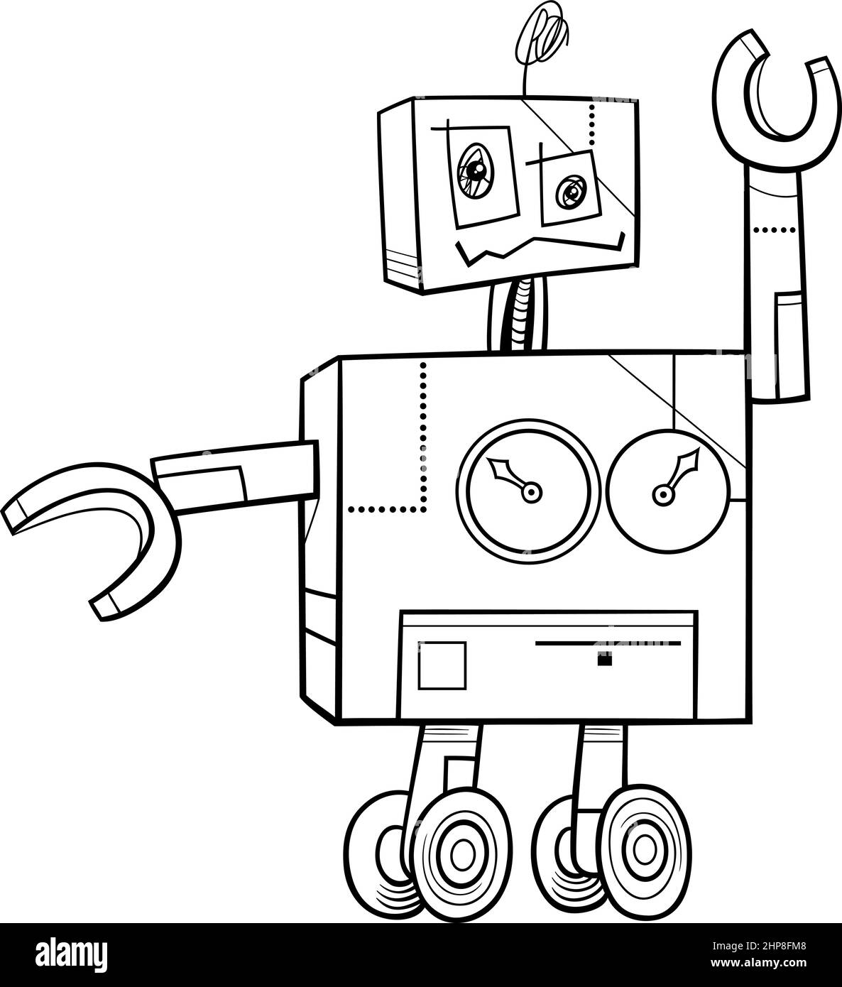 cartoon funny robot character coloring book page Stock Vector