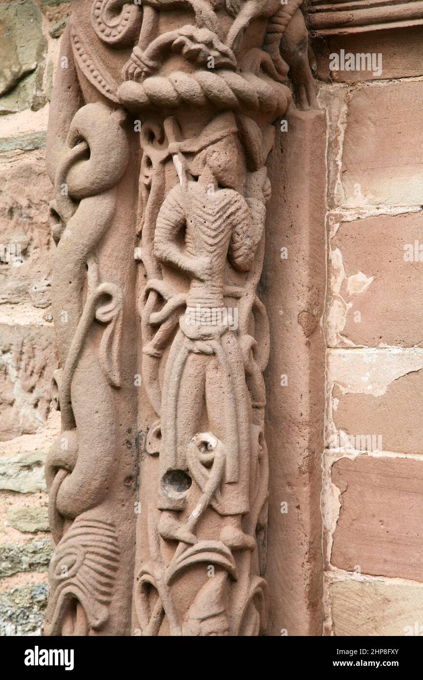 Beautiful Stone carvings on  door pillars Kilpeck church Stock Photo