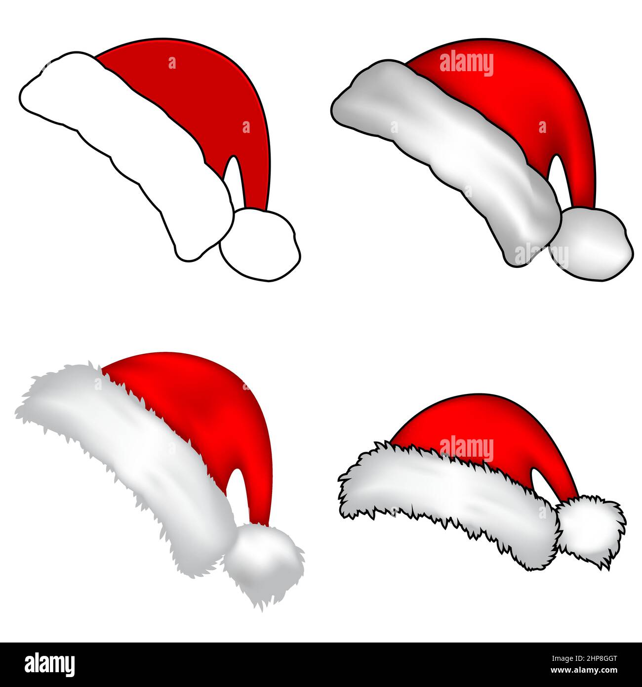 Christmas Santa Claus Hats With Fur Set. New Year Red Hat Isolated on White Background. Winter Cap. Vector illustration. Stock Vector