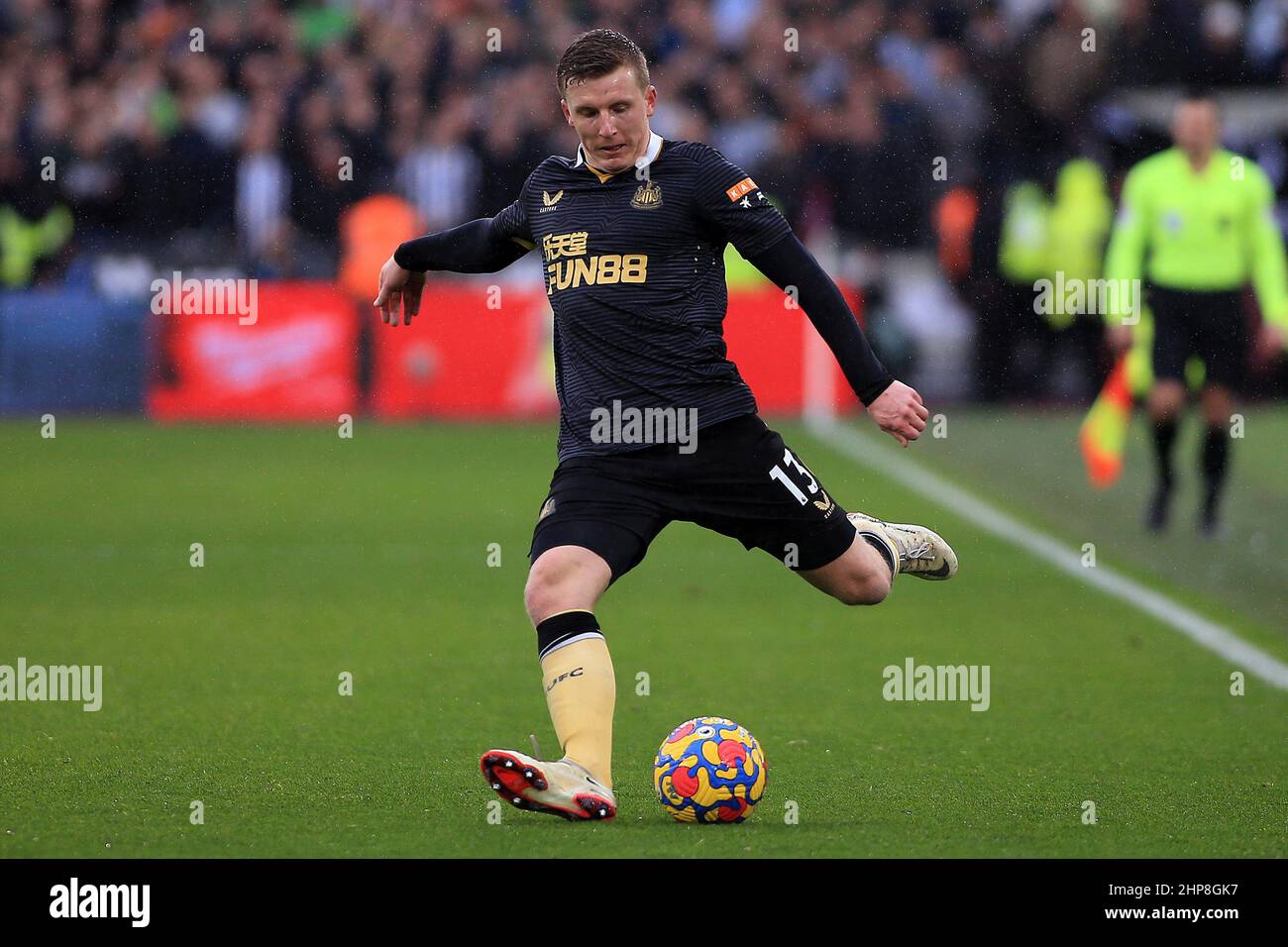 London, UK. 19th Feb, 2022. Matt Targett of Newcastle United in action during the game. Premier League match, West Ham Utd v Newcastle Utd at the London Stadium, Queen Elizabeth Olympic Park in London on Saturday 19th February 2022. this image may only be used for Editorial purposes. Editorial use only, license required for commercial use. No use in betting, games or a single club/league/player publications. pic by Steffan Bowen/Andrew Orchard sports photography/Alamy Live news Credit: Andrew Orchard sports photography/Alamy Live News Stock Photo