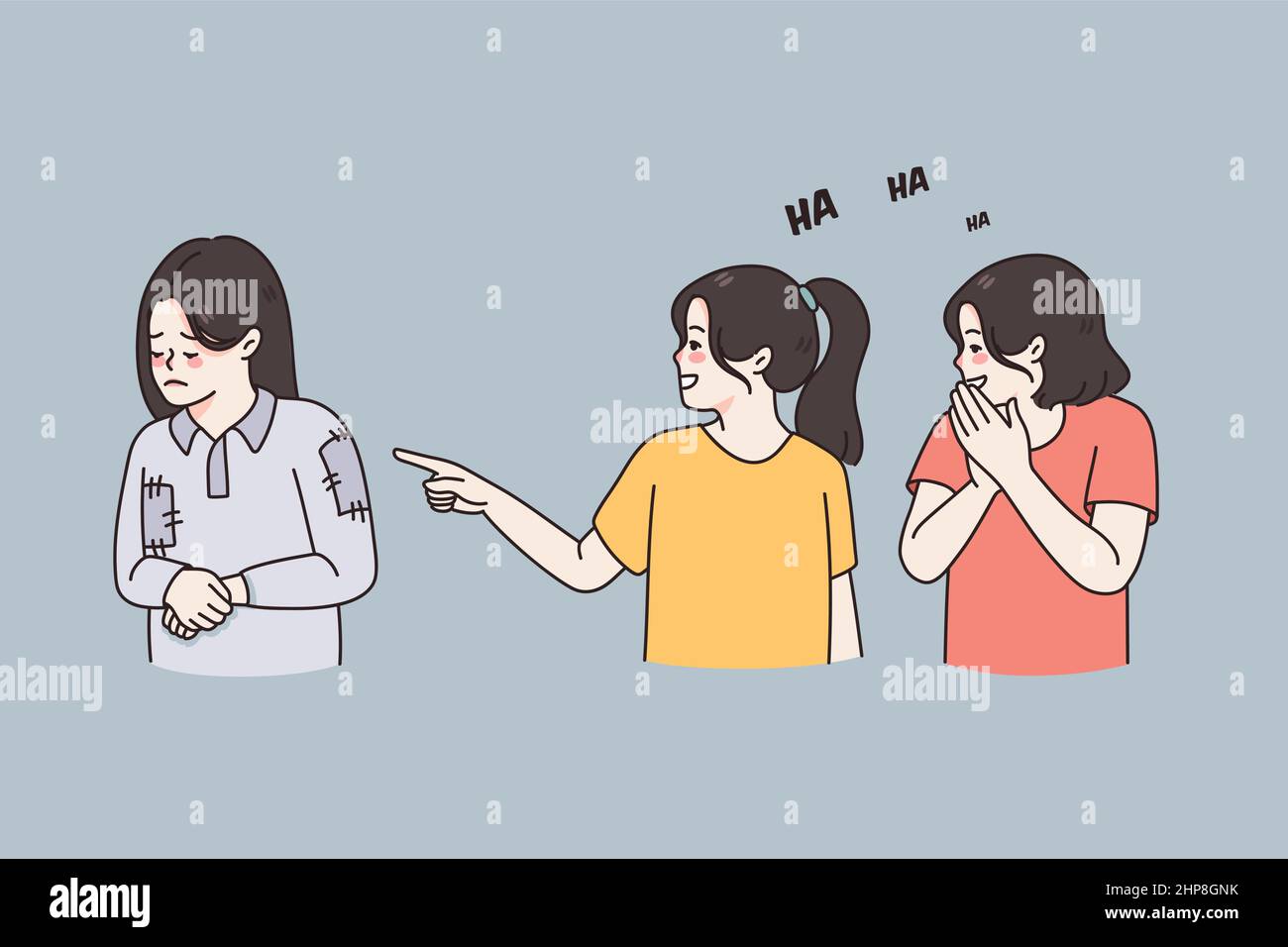 Small girls laugh at needy poor classmate Stock Vector