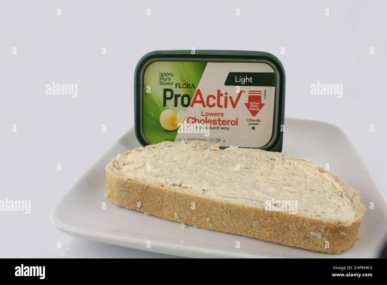 Sourdough bread with ProActiv plant based spread, Cholesterol lowering diet concept. Stock Photo