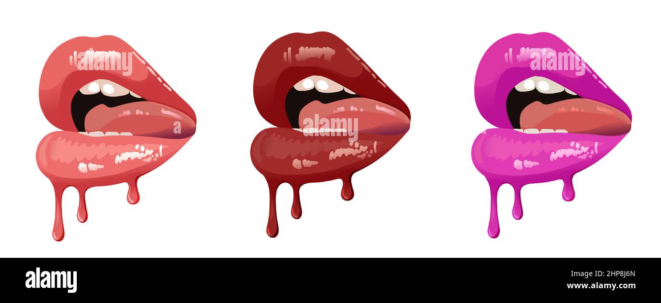 Red sexy hot dripping lips set. Lipstick drips. Sexy human mouth set isolated on white Stock Vector