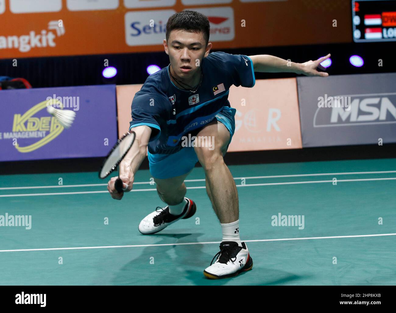 Lee Zii Jia of Malaysia plays against Jeon Hyeok Jin of South Korea during the team mens singles match at the Badminton Asia Team Championships 2022 in Shah Alam on the outskirt