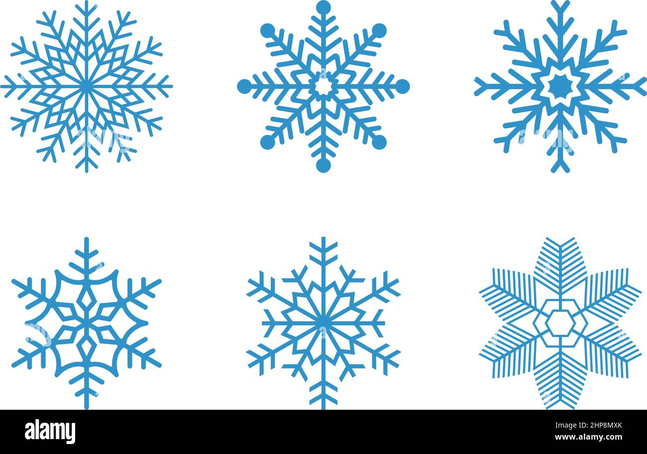 Ice blue frosty abstract snowflake symbols set on white background ...
