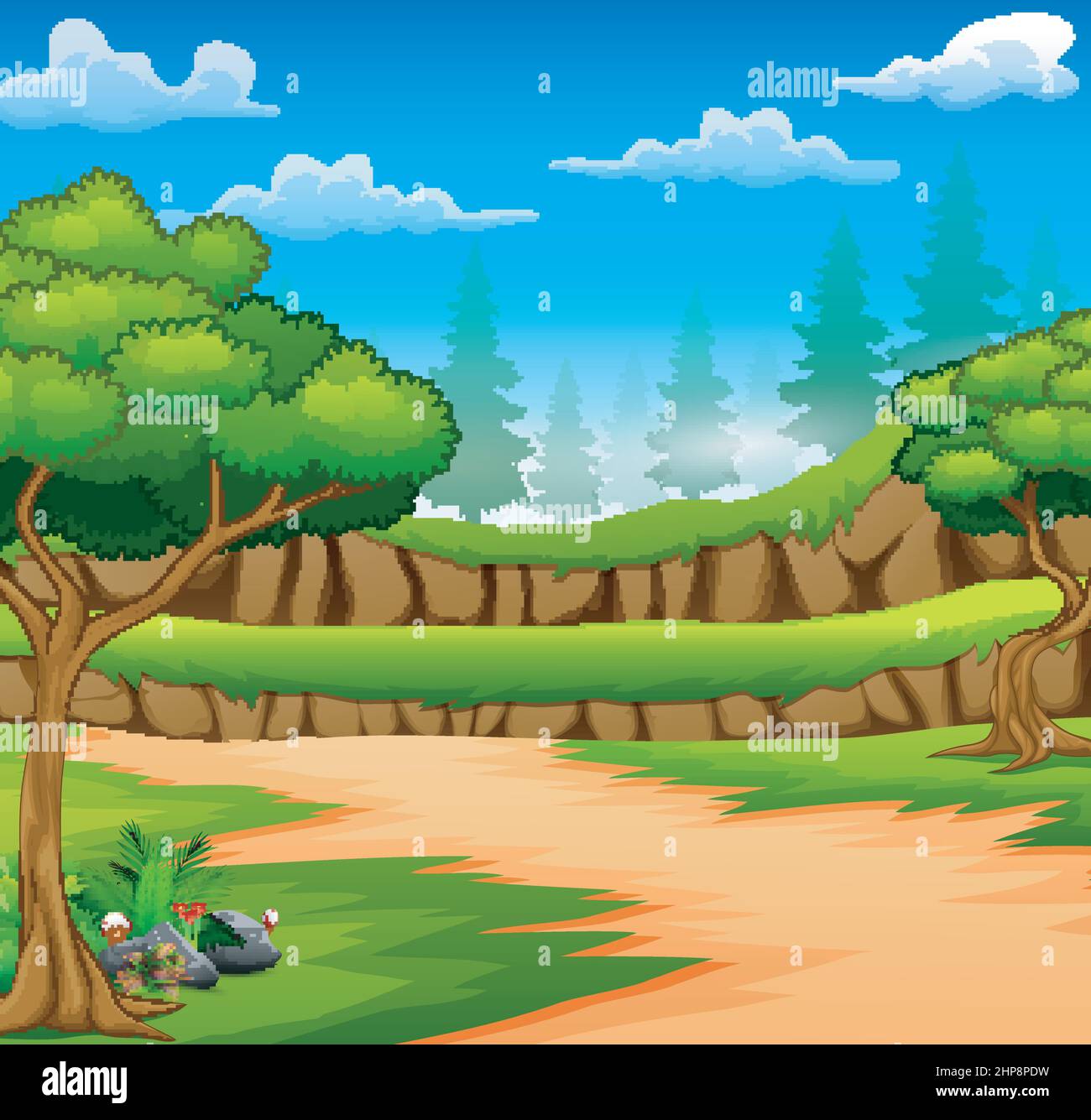 Cartoon of forest background with dirt road Stock Vector