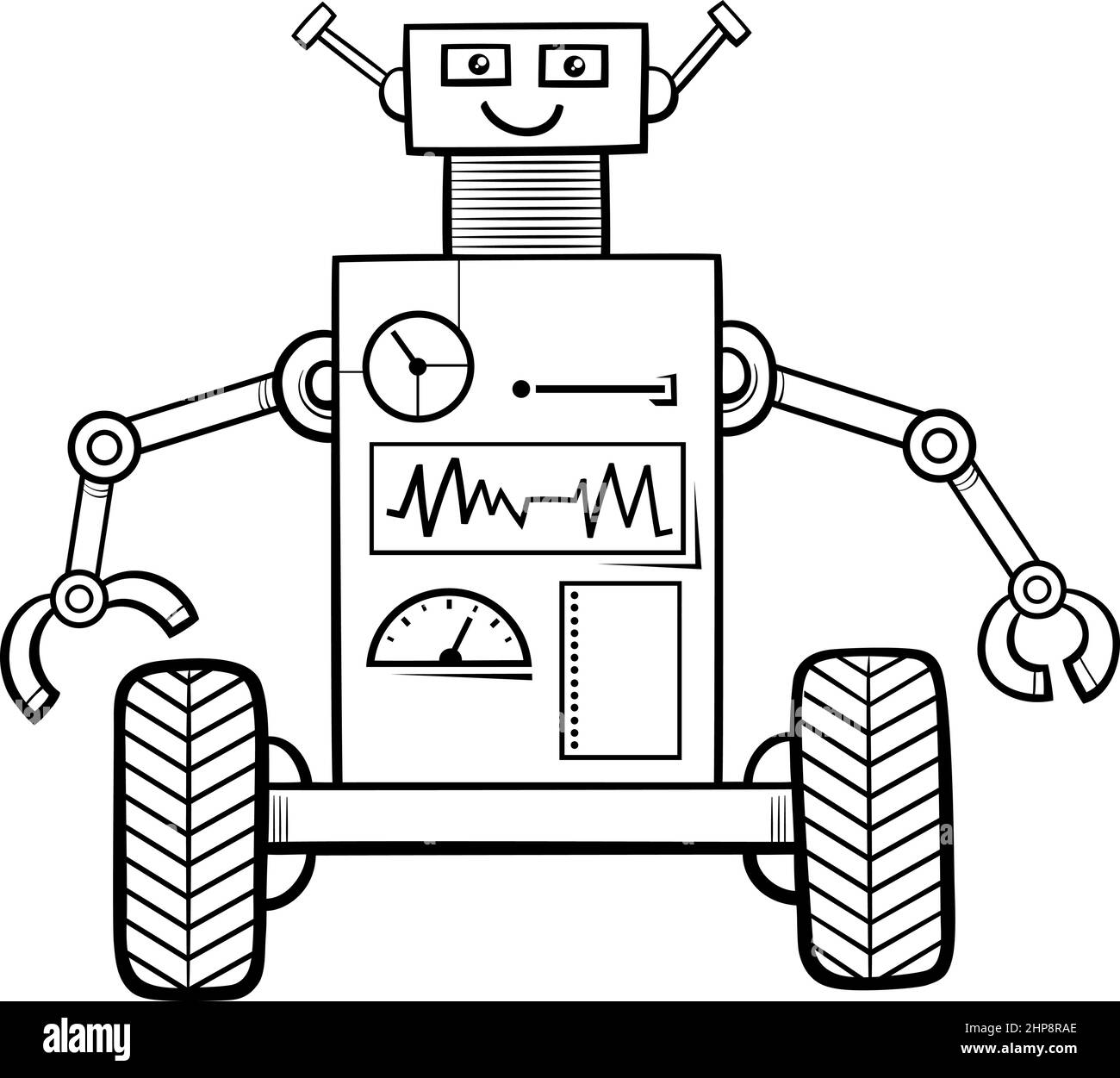 cartoon funny robot fantasy character coloring book page Stock Vector