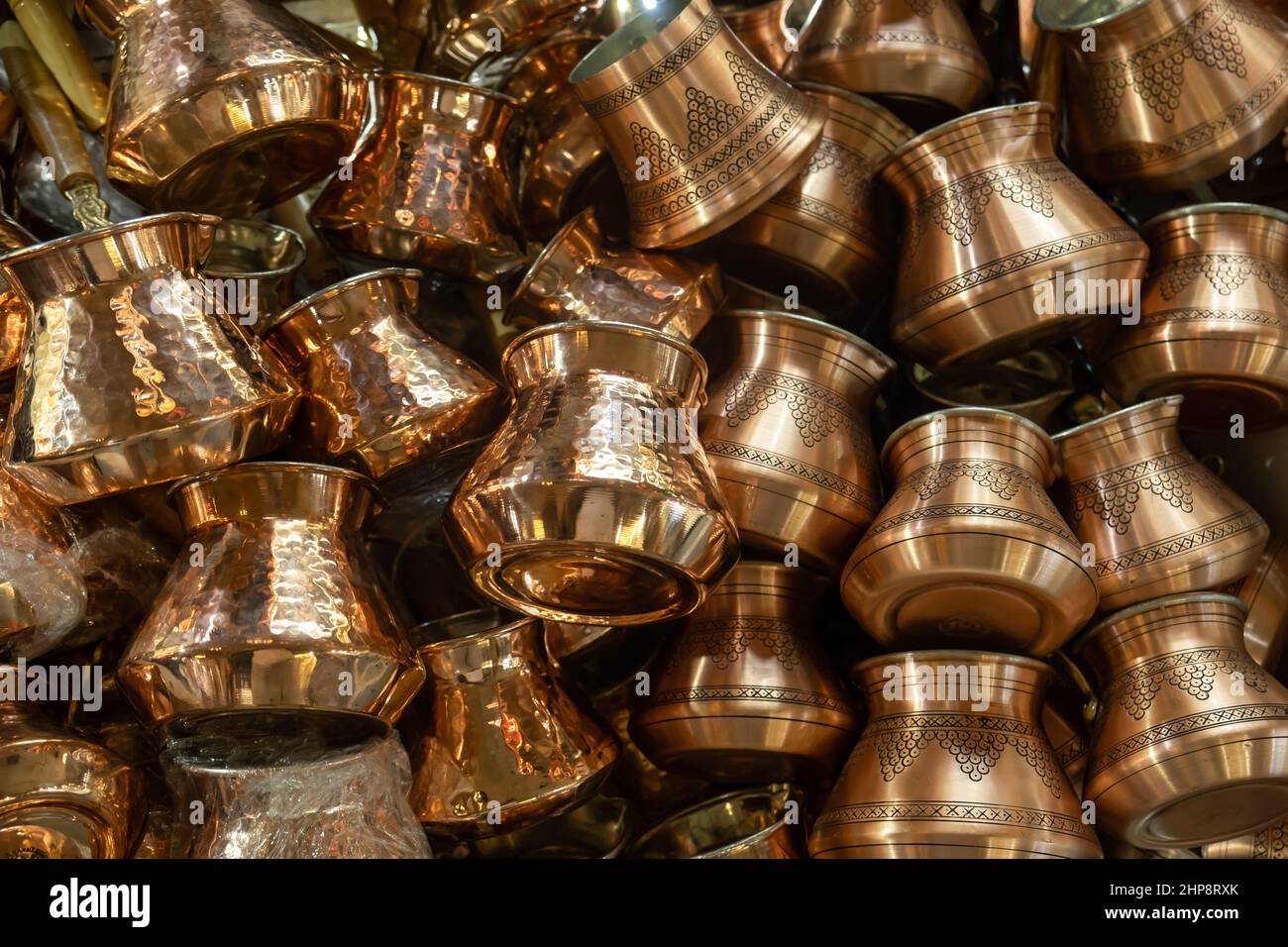 Copper bazaar in Turkey. Traditional and handmade coppers. Coffee pots