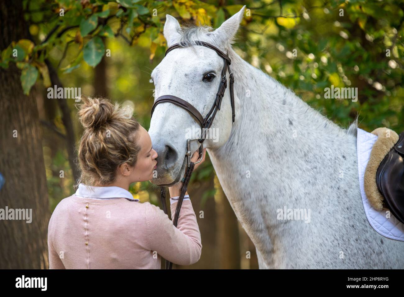 Woman kissing nose of horse Stock Photo