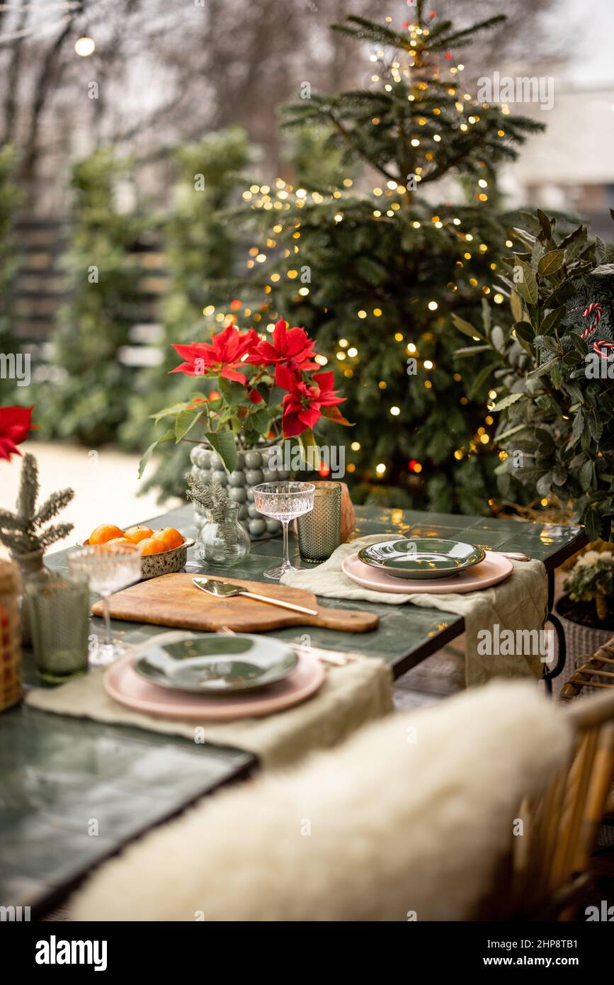 Served table for dinner at backyard Stock Photo