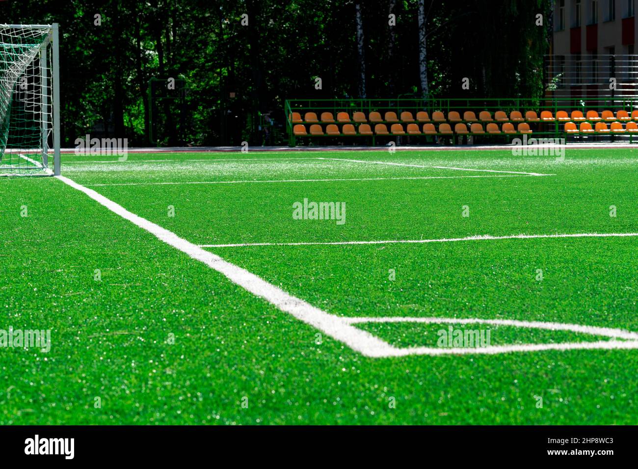 soccer field markings. football field. corner green grass field for