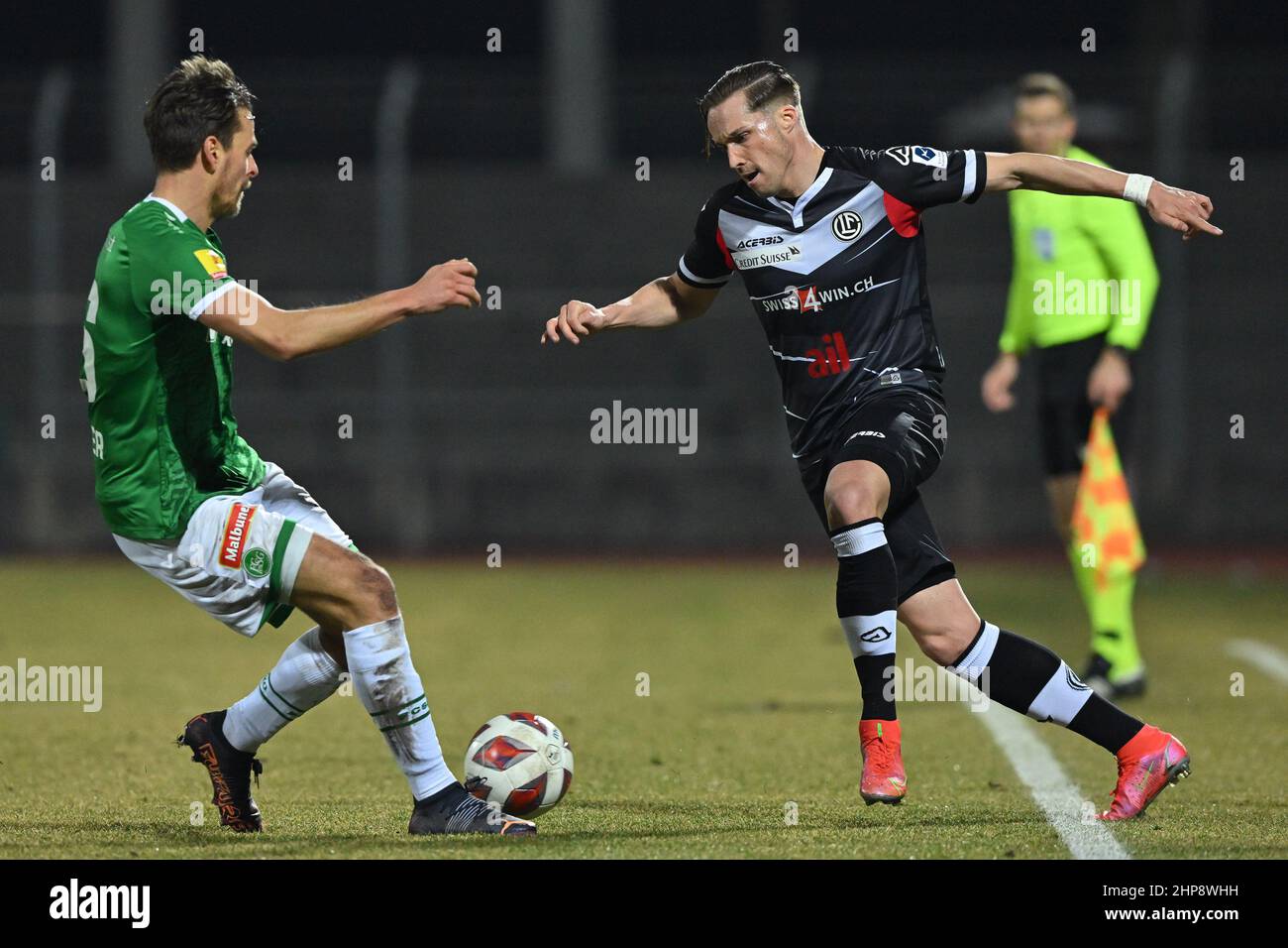 Lugano, Switzerland. 25th July, 2021. Mikael Facchinetti (#7 FC Lugano) and  Nikola Boranijasevic (#19 FC Zuerich) during the Super League match between FC  Lugano and FC Zuerich at Cornaredo Stadium in Lugano