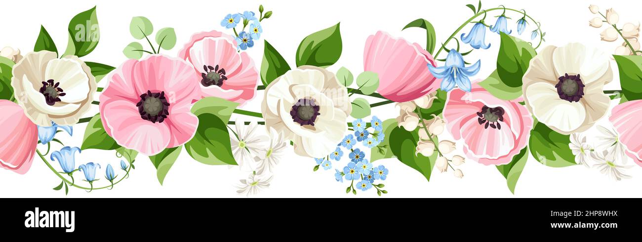 Horizontal seamless border with pink and white poppy flowers, blue bluebell and forget-me-not flowers, and white lily-of-the-valley flowers. Vector illustration Stock Vector
