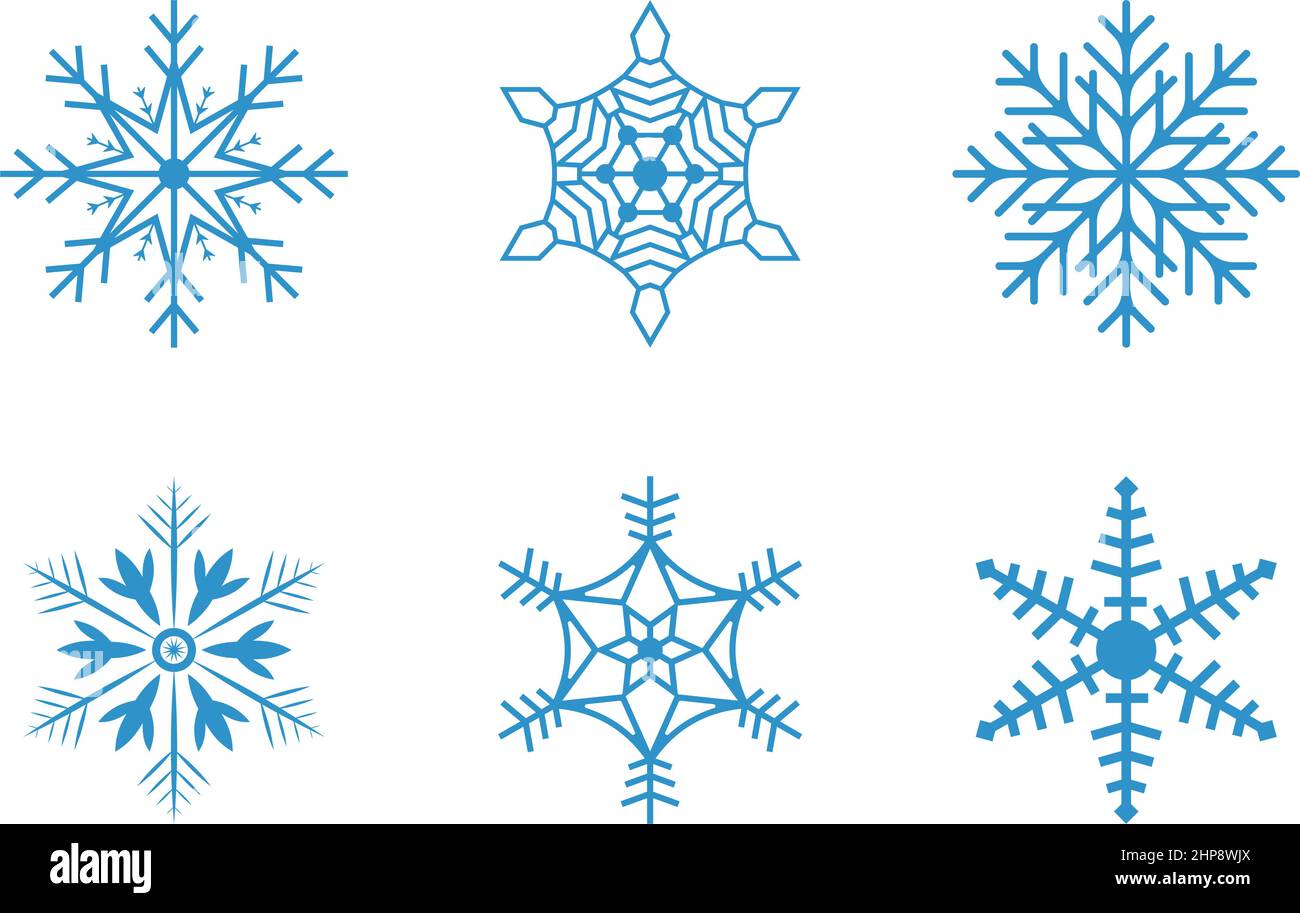 Ice blue frosty abstract snowflake symbols set on white background ...