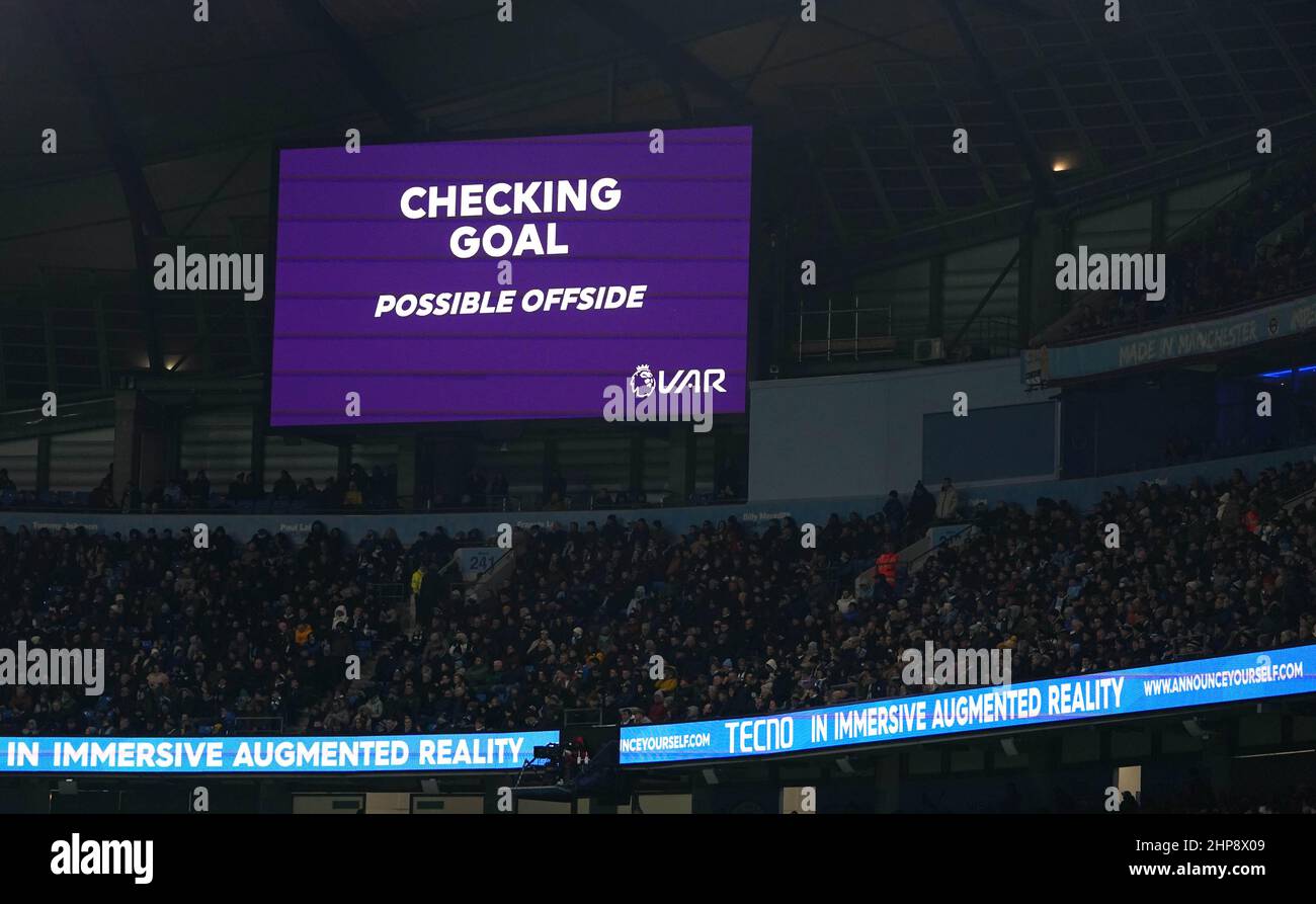 A view of a VAR check on a large screen during the Premier League match ...