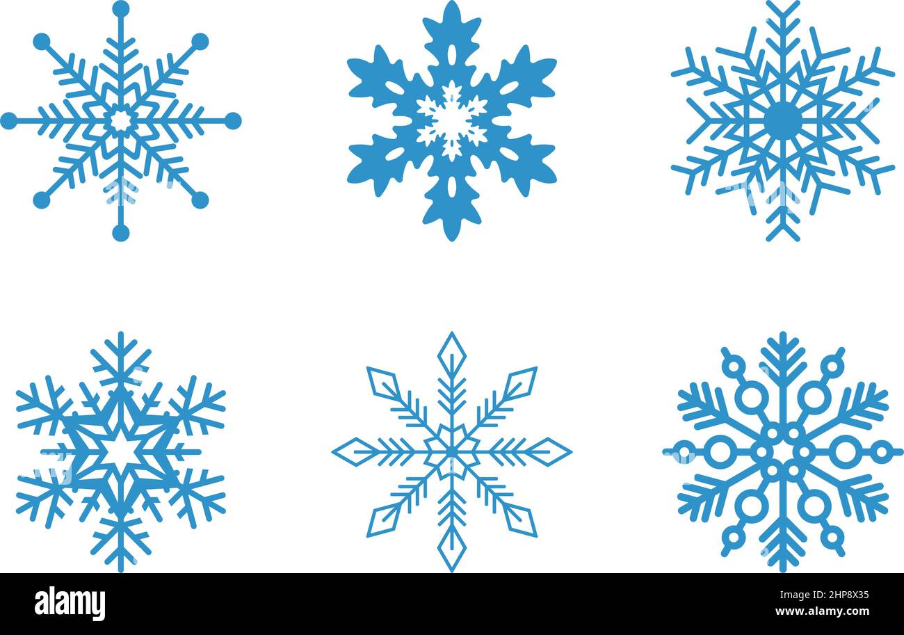 Ice blue frosty abstract snowflake symbols set on white background ...