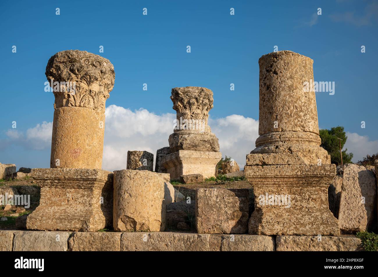 Bases of column on Cardo Maximus in Jerash Roman archeological site in Jordan Stock Photo