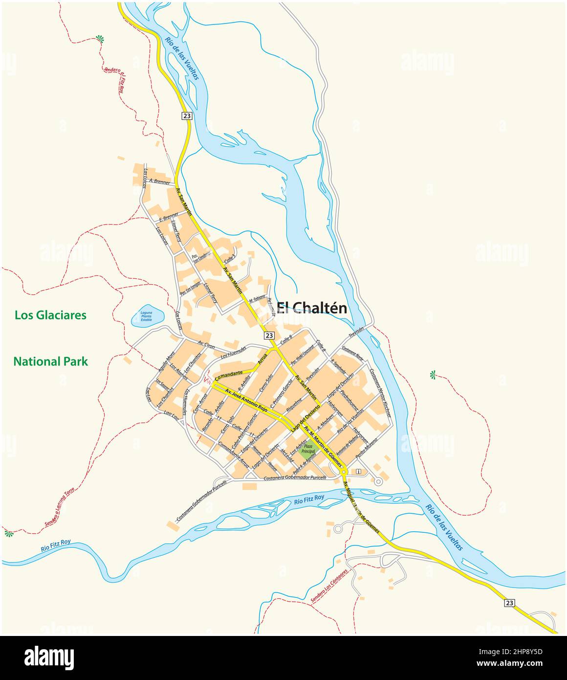 map of the Argentine city El Chalten, Santa Cruz, Argentina Stock Vector