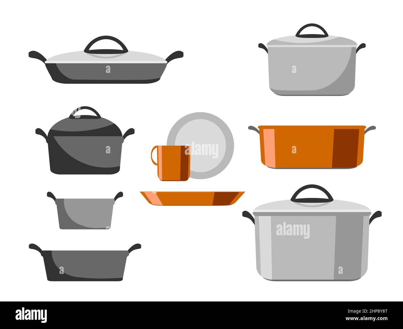 Cartoon stainless and non-stick cookware set, pots, pans, saucepans and utensils tools cooking isolated on white background, vector illustration. Kitchen icons objects elements for boiling and frying Stock Vector