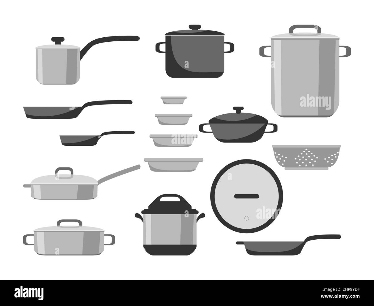 Cartoon stainless and non-stick cookware set, pots, pans, saucepans and utensils tools cooking isolated on white background, vector illustration. Kitchen icons objects elements for boiling and frying Stock Vector