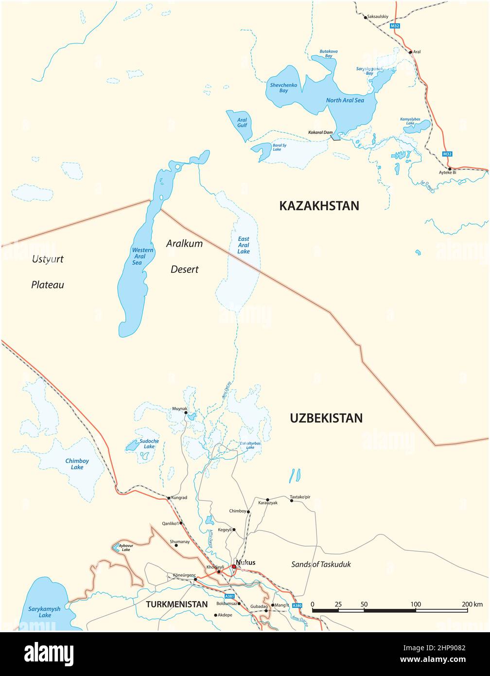 Vector map of the Aral Sea, Kazakhstan, Uzbekistan and Turkmenistan Stock Vector